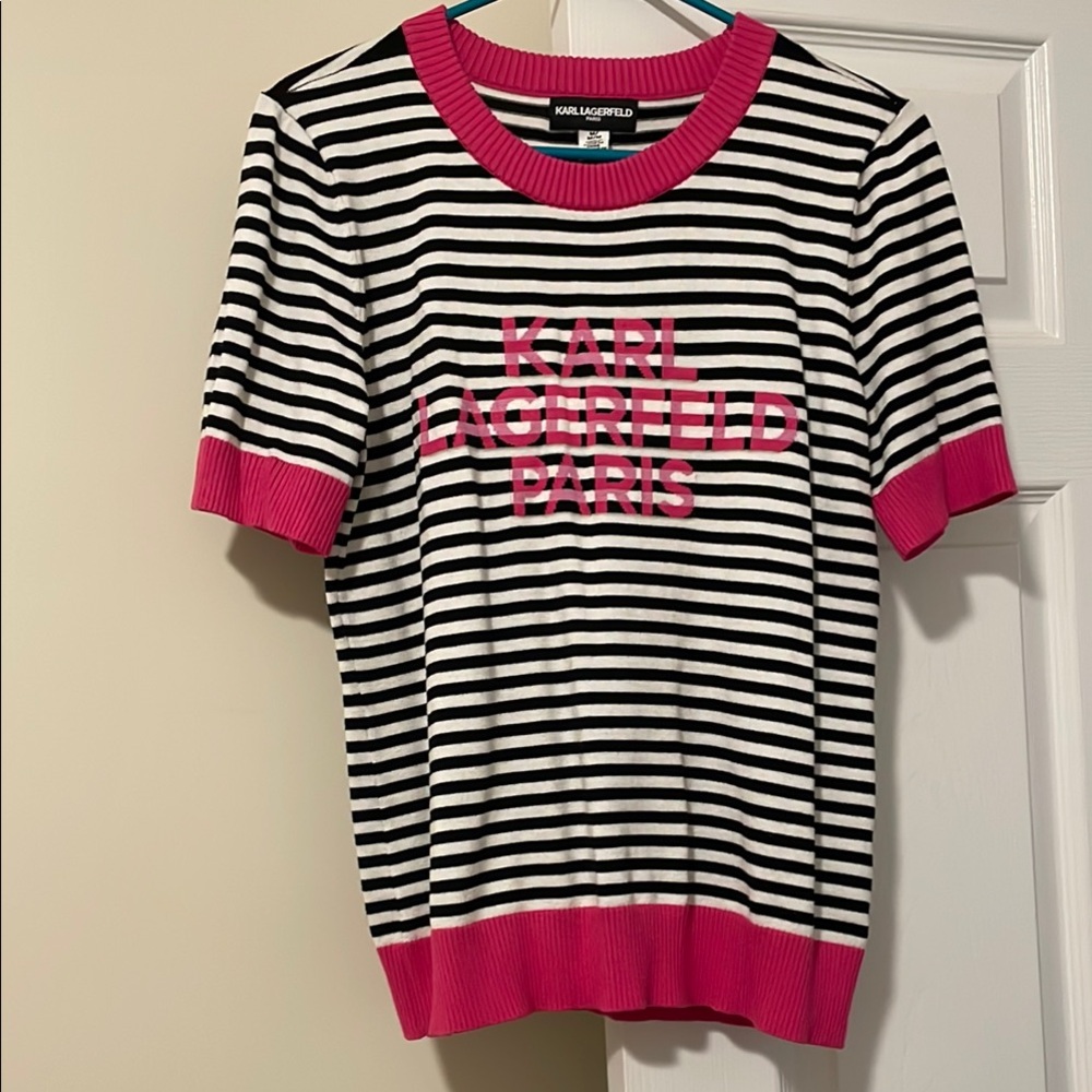 Karl Lagerfeld Black and White Striped Tee with Pink Details